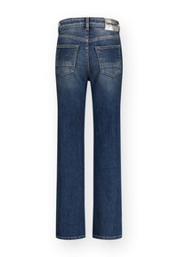 Jeans in denim blu scuro con design a gamba dritta, cinque tasche e un'etichetta sulla cintura posteriore. Dettagli cuciti sulle tasche.