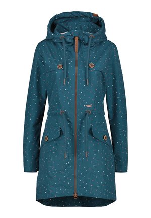 Teal gekleurde regenjas met een multikolorige spikkelpatroon, frontale rits, knoopflapzakken en verstelbare trekkoorden in de taille en capuchon.