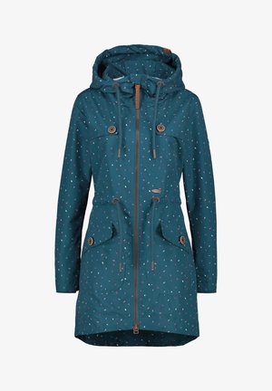 Teal gekleurde regenjas met een multikolorige spikkelpatroon, frontale rits, knoopflapzakken en verstelbare trekkoorden in de taille en capuchon.