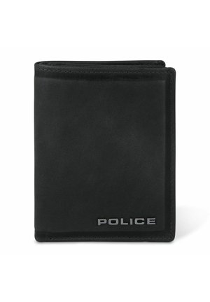 Black bi-fold wallet in smooth leather, featuring a silver "POLICE" logo on the front, with stitched edges and a simple, classic design.