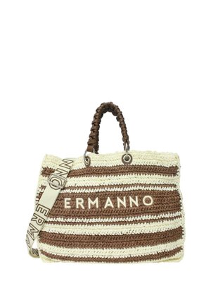 Borsa intrecciata marrone e crema con manici intrecciati, motivo a righe e scritta "ERMANNO" sul davanti, con tracolla marchiata.