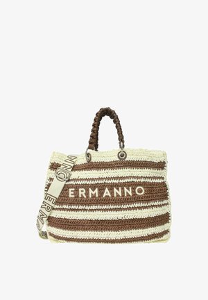 Borsa intrecciata marrone e crema con manici intrecciati, motivo a righe e scritta "ERMANNO" sul davanti, con tracolla marchiata.