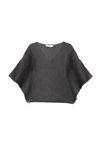 Tumši pelēks, viegls džemperis ar V-veida izgriezumu, platām piedurknēm un apkārtējā stila dizainu. Izgatavots no mīksta auduma ar gludu tekstūru.