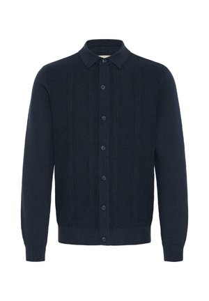 Mørkeblå cardigan laget av ribbestrikket stoff, med krage, knapper midt foran og lange ermer.