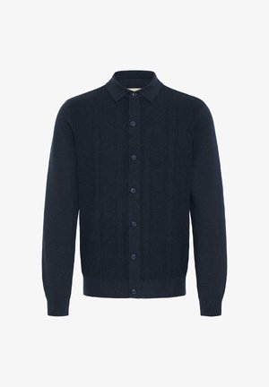 Tamsiai mėlynas kardiganas iš ribbingo trikotažo, su apykakle, centrine sagų eile ir ilgomis rankovėmis.