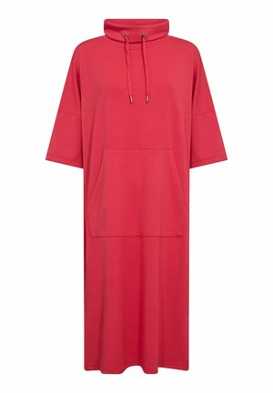 Röd sweatshirtdress med hög hals, korta ärmar och en framficka. Slät tyg med dragsnören och en avslappnad passform.