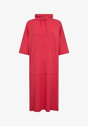 Red sweatshirt dress with a funnel neck, short sleeves, and a front pocket. Smooth fabric with drawstrings and a relaxed fit.