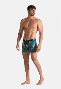 Boxer briefs avec un design tropical vert, un chat noir et des accents floraux. Tissu doux, ceinture élastique et coupe ajustée.