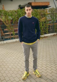 Maglione blu navy con logo, camicia colletto gialla, pantaloni grigio chiaro e sneakers multicolore. Pavimento con motivo a mattoni e fogliame verde sullo sfondo.