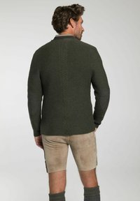 Dunkelgrüner Strickpullover mit einem vertikalen Zopfmuster entlang des Rückens. Mit Lederakzenten am Kragen und enganliegenden Ärmeln.