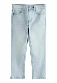 Jean en denim bleu clair avec une coupe droite, un design à cinq poches et une fermeture par bouton supérieur. Présente un délavage subtil et des accents de couture.