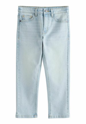 Jeans de denim de color azul claro con corte recto, diseño de cinco bolsillos y cierre con botón superior. Presenta un ligero desvanecimiento y detalles de costura.