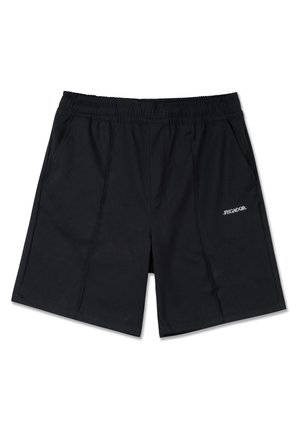 Shorts noirs avec une ceinture élastique, deux poches latérales et un petit logo blanc sur le côté gauche. Le tissu semble lisse et léger.