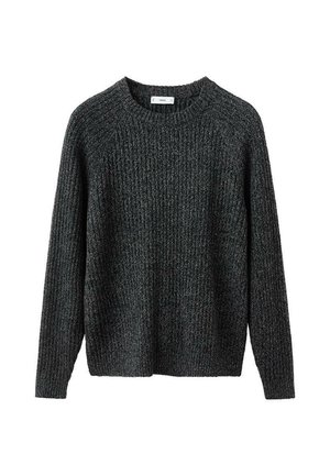Maglione a costine grigio scuro con maniche lunghe, scollo rotondo e vestibilità ampia. Realizzato in tessuto strutturato. Senza elementi hardware o motivi visibili.