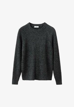 Dunkelgrauer, gerippter Pullover mit langen Ärmeln, Rundhalsausschnitt und lockerem Schnitt. Hergestellt aus strukturiertem Stoff. Ohne sichtbare Verschlüsse oder Muster.