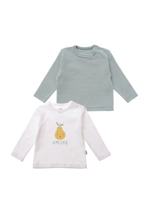 Two long-sleeved shirts: one green striped, the other white with a smiling pear graphic and "AMORE" text. Cotton material, soft texture.