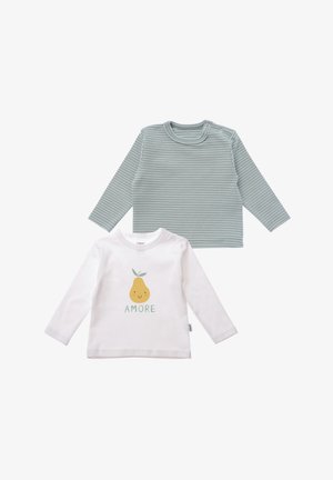 Two long-sleeved shirts: one green striped, the other white with a smiling pear graphic and "AMORE" text. Cotton material, soft texture.