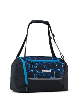 Black duffle bag with blue abstract pattern. Features adjustable shoulder strap, zipper compartments, and ergonomic design accents.