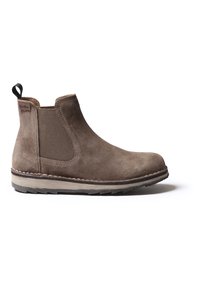 Brown suede ankle boot with elastic side panels and a pull tab. Features a stitched outsole and textured rubber sole for grip.