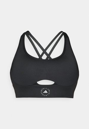 Reggiseno sportivo nero con un dettaglio a taglio sotto la parte anteriore, dotato di spalline incrociate e un logo stampato al centro in basso.