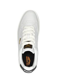 White leather sneaker with a rounded toe, perforated vamp, and white laces. Features black heel accent with "PME" logo. Interior has orange branding.