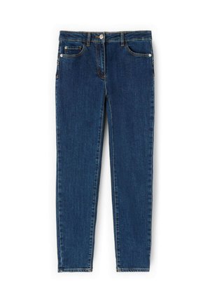 Jeans skinny de mezclilla azul oscuro con botón frontal y cremallera, que cuentan con dos bolsillos frontales y un pequeño bolsillo para monedas.