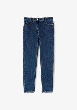 Jeans skinny in denim blu scuro con bottone e zip frontali, dotati di due tasche anteriori e una piccola tasca per le monete.