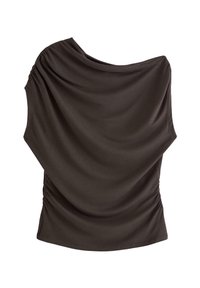 Mørkebrun top med off-shoulder design, draperet stof og detaljer med indsamling i siden, lavet af glat, strækbar materiale.