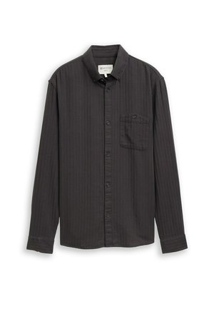 Donkergrijze langemouwenshirt met verticale strepen, knoopsluiting aan de kraag, borstzak en volledige knoopsluiting. Zachte katoenen stof.