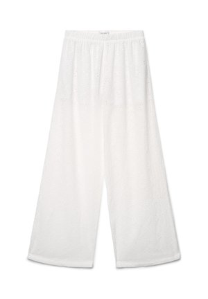 White wide-leg pants with elastic waistband, featuring a subtle floral eyelet pattern and lightweight fabric.