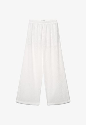 White wide-leg pants with elastic waistband, featuring a subtle floral eyelet pattern and lightweight fabric.