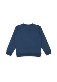 Felpa a maniche lunghe blu navy con polsini, orlo e scollatura a girocollo a coste, mostrata stesa con la parte posteriore in evidenza.