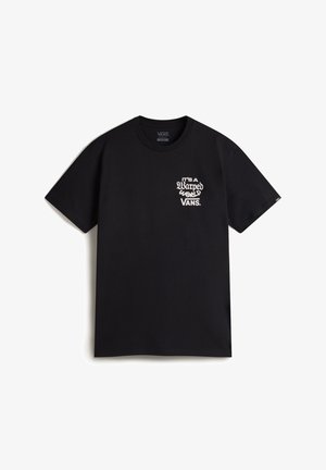 Black cotton t-shirt featuring a white graphic text design on the left chest that reads "It's a Warped World Vans." Classic crew neck style.