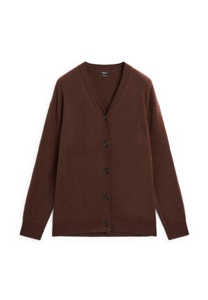 Brauner Wollcardigan mit V-Ausschnitt, langen Ärmeln und sechs schwarzen Knöpfen auf der Vorderseite; weiche Textur und lockere Passform.