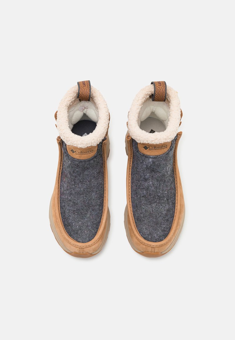 Botas de tobillo de cuero marrón y fieltro gris con un suave forro blanco, que cuentan con una lengüeta y un diseño de punta redondeada.