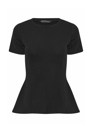 Top nero aderente a maniche corte con peplum, scollo tondo, tessuto strutturato e leggero svasamento in vita.