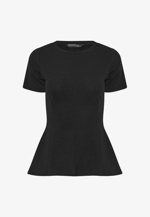Top nero aderente a maniche corte con peplum, scollo tondo, tessuto strutturato e leggero svasamento in vita.
