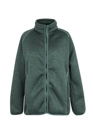 Dunkelgrüne Fleecejacke mit Reißverschluss, hohem Kragen, langen Ärmeln und Nahtdetails an den Seiten vor weißem Hintergrund.
