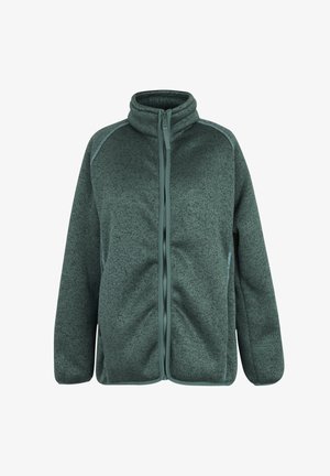 Dunkelgrüne Fleecejacke mit Reißverschluss, hohem Kragen, langen Ärmeln und Nahtdetails an den Seiten vor weißem Hintergrund.