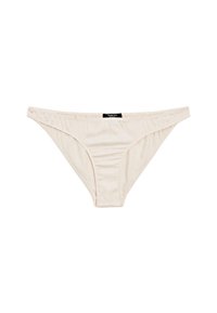 Beige bikini-style women's underwear with a smooth fabric and a small black brand label at the center waistband.
