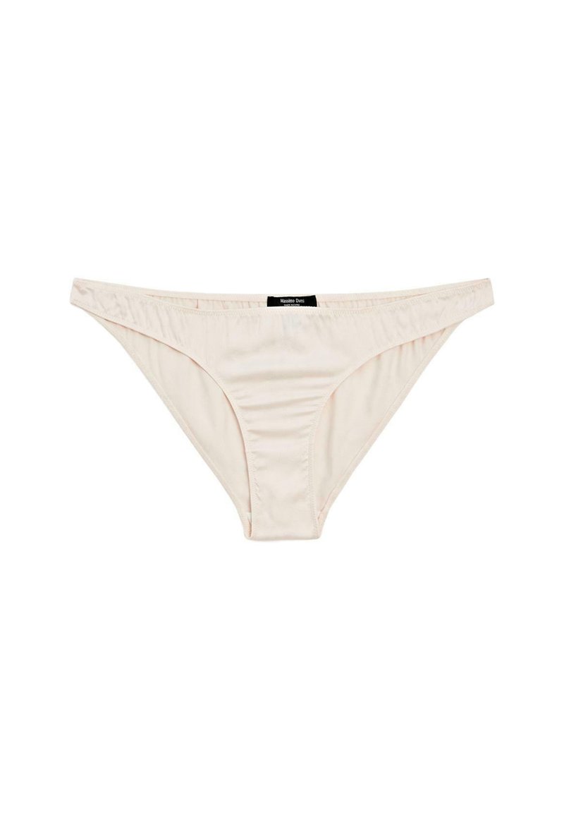 Intimo da donna in stile bikini beige, realizzato in un tessuto liscio, con una piccola etichetta nera del marchio al centro della cintura.