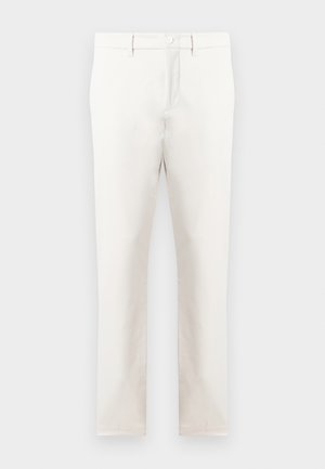 Pantalones beige confeccionados en una tela suave, con un diseño de pierna recta, bolsillos frontales, cremallera y un bot�ón único en la cintura.
