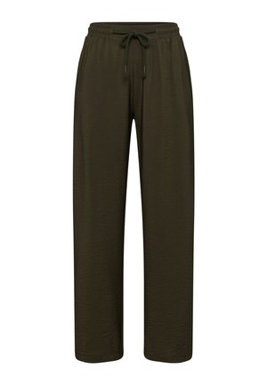 Mørke olivengrønne bukser med lige ben, elastisk talje og snøre, lavet af struktureret stof.