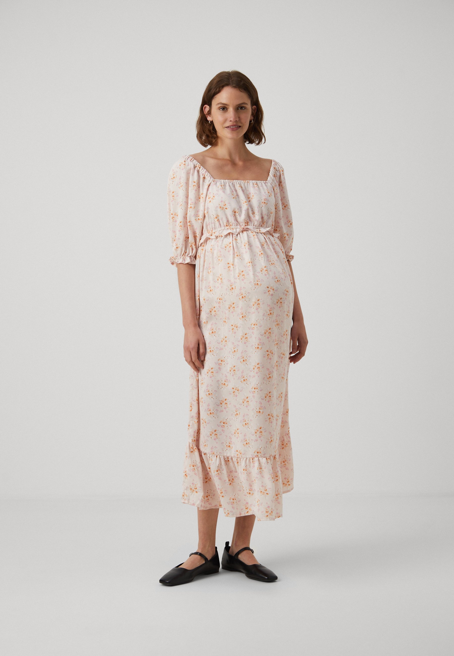 strapless open back dress Pink Floral Puff Sleeve Maternity Maxi Dress – PinkBlush main image 1