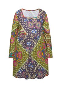 Robe tunique multicolore avec des motifs géométriques en violet, vert, rose et orange, dotée de manches longues et d'un col dégagé.