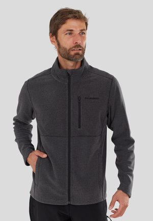 Gray fleece jacket with high collar, full zip, and zippered chest pocket. Features side pockets and a smooth texture. Logo on chest.