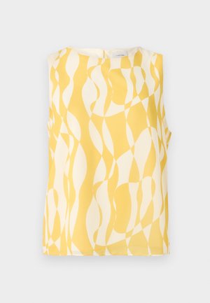 Kollane ja valge voolava mustriga ilma varrukateta topp. Valmistatud kerge kangast, ümarate kaelustega ja võtmeaugu tagasegmendiga.