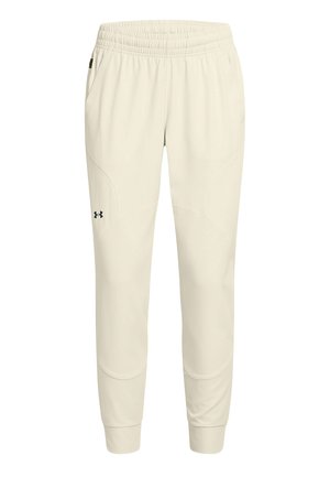Lichtbeige sportieve broek met een elastische tailleband, taps toelopende benen, zijzakken en subtiele stikseldetails. Bevat een zwart logo.