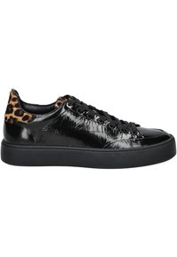 Black patent leather sneakers with leopard print accents on the heel, round toe, and flat black rubber sole. Laced design.