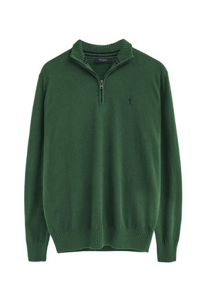 Jersey de manga larga verde oscuro con cuello con cremallera parcial y puños y bajo acanalados, con un pequeño logo bordado en el pecho izquierdo.